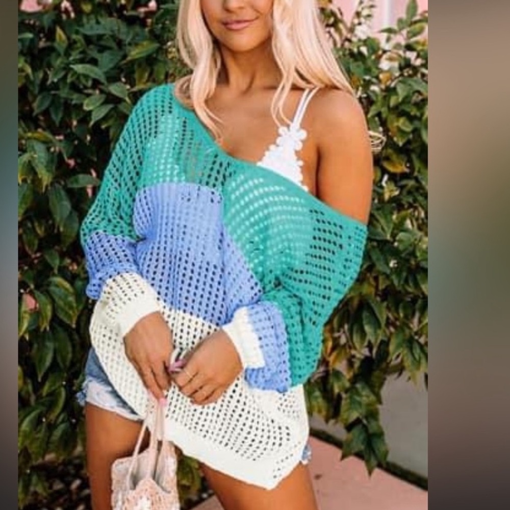 NEW•XL•Zen Lily Unique Crochet Color Blended Cross Back Sweater